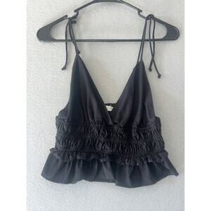 Sim & Sam Top Women's Small BlackSmocked Peplum Crop Adjustable Straps Tank